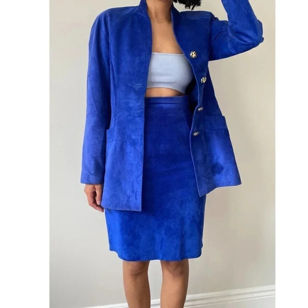 Vintage - Incredible Rare Royal Blue Danier Leather Coord Set Skirt Suit Set
